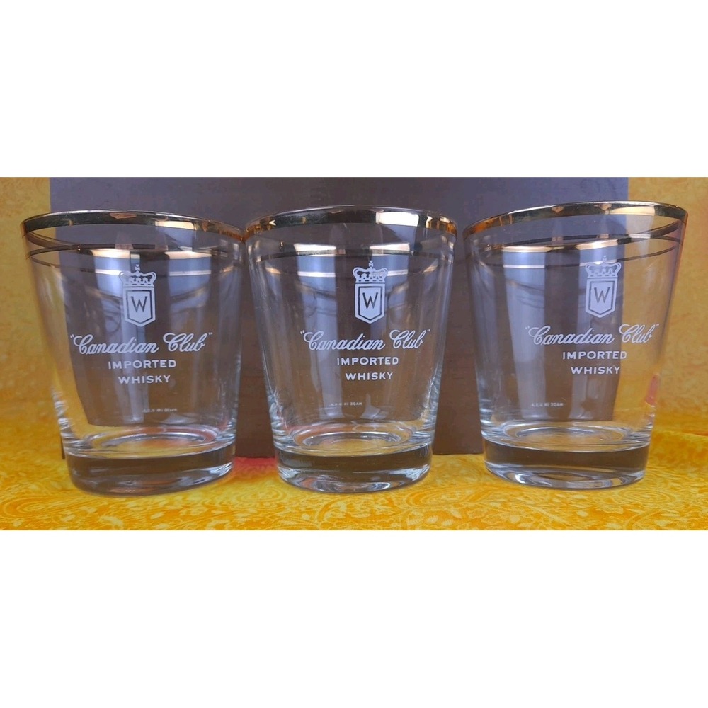 Set Of‎ 3 Canadian Club Whisky Low Ball Gold Rim Rock Glasses - 4.25" Tall